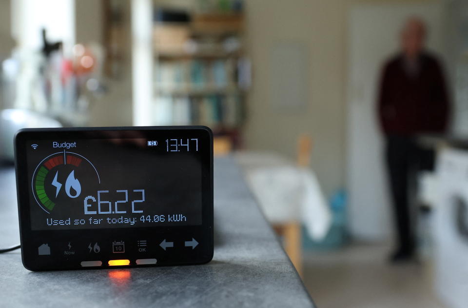 A home smart meter showing energy use is seen in the kitchen of a home in Manchester, Britain, January 23, 2023. REUTERS/Phil Noble