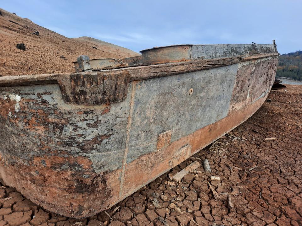 This boat, thought to be used as a landing craft during World War II, was found on the lakebed of Lake Shasta last year.