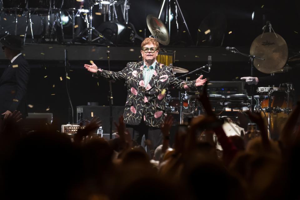 Elton John,  seen during his April 16 performance in Louisville at KFC YUM Center, brought his Farewell Yellow Brick Road Tour to Jacksonville on Saturday.