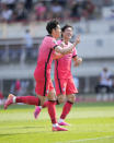 South Korea's Son Heung-min, celebrates after scoring his side's second goal on a penalty kick against Lebanon during their Asian zone Group H qualifying soccer match for the FIFA World Cup Qatar 2022 at Goyang stadium in Goyang, South Korea, Sunday, June 13, 2021. (AP Photo/Lee Jin-man)