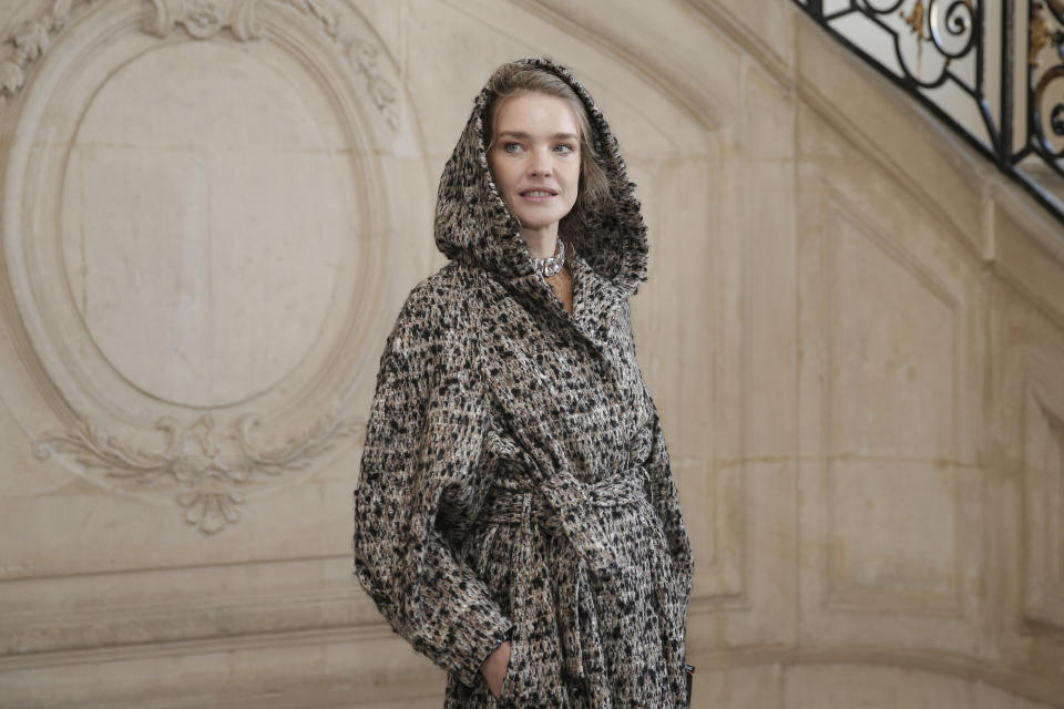 Natalia Vodianova poses before the presentation of the Dior Spring-Summer 2022 Haute Couture fashion collection, in Paris, Monday, Jan. 24, 2022. (AP Photo/Lewis Joly)