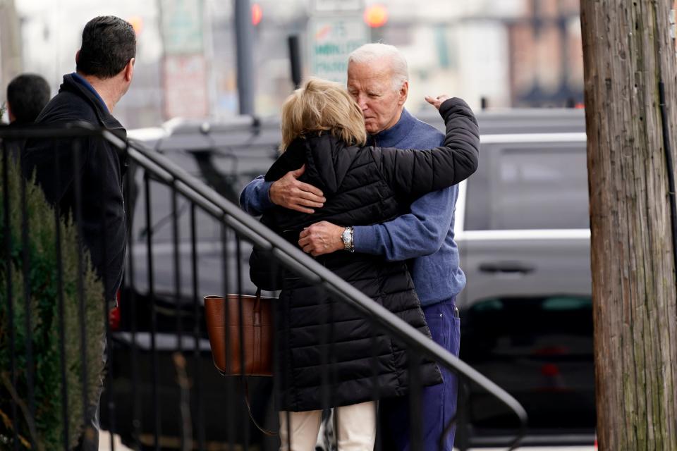 President Joe Biden, right, hugs his sister, Valerie Biden Owens, as they leave Mrs. Robino's Italian restaurant after having lunch in Wilmington on Saturday, Feb. 10, 2024.