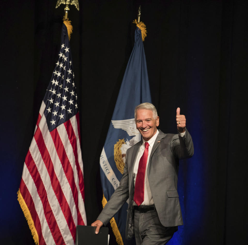 U.S. Rep. Ralph Abraham greets the crowd during the Louisiana GOP Unity Rally in Kenner, La., Saturday, Oct. 5, 2019. Republicans are trying to keep Gov. John Bel Edwards, the Deep South's only Democratic governor, from topping 50% of the vote and gaining outright victory in the Oct. 12 primary. In Louisiana, candidates run on the same ballot regardless of party. (Sophia Germer/The Advocate via AP)