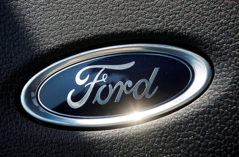 FILE PHOTO: The Ford name plate is seen on the interior of the Ford F-150 Lightning pickup truck during a press event in New York