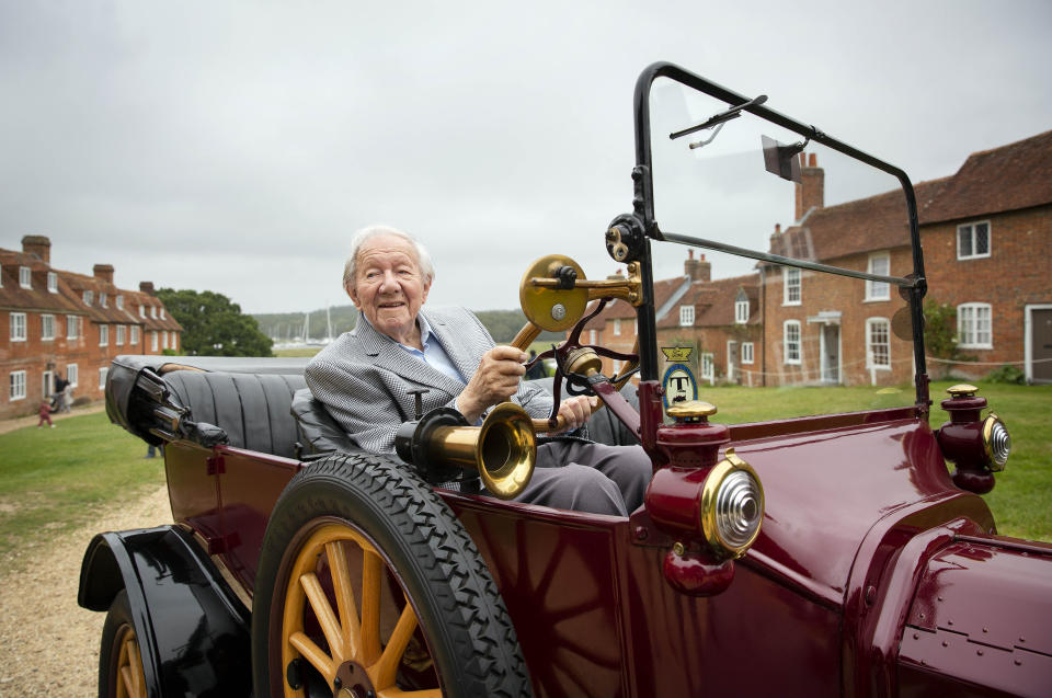 <p>101-year-old, Harold Baggott goes for a drive in a Model T from 1915 at the Beaulieu Motor Museum, before taking the new Mustang Mach-E, Ford's first all-electric SUV for a test drive, Hampshire. Issue date: Monday August 23, 2021.</p>
