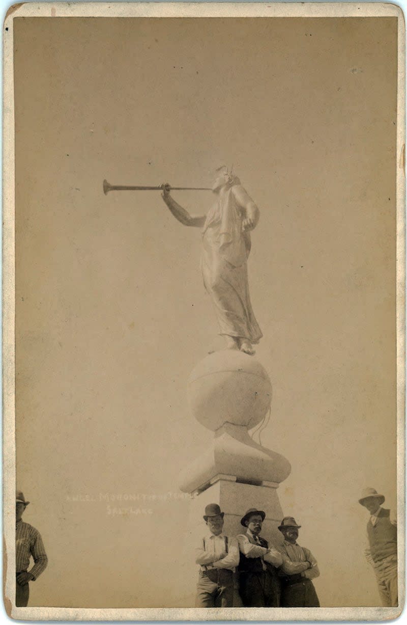 This image provided by Ron Fox shows the Angel Moroni atop the Salt Lake Temple in 1892. | Credit C.R. Savage, courtesy of Ron Fox.