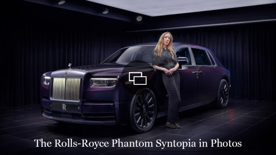 Fashion designer Iris van Herpen stands next to the Phantom Syntopia, her collaboration with Rolls-Royce.