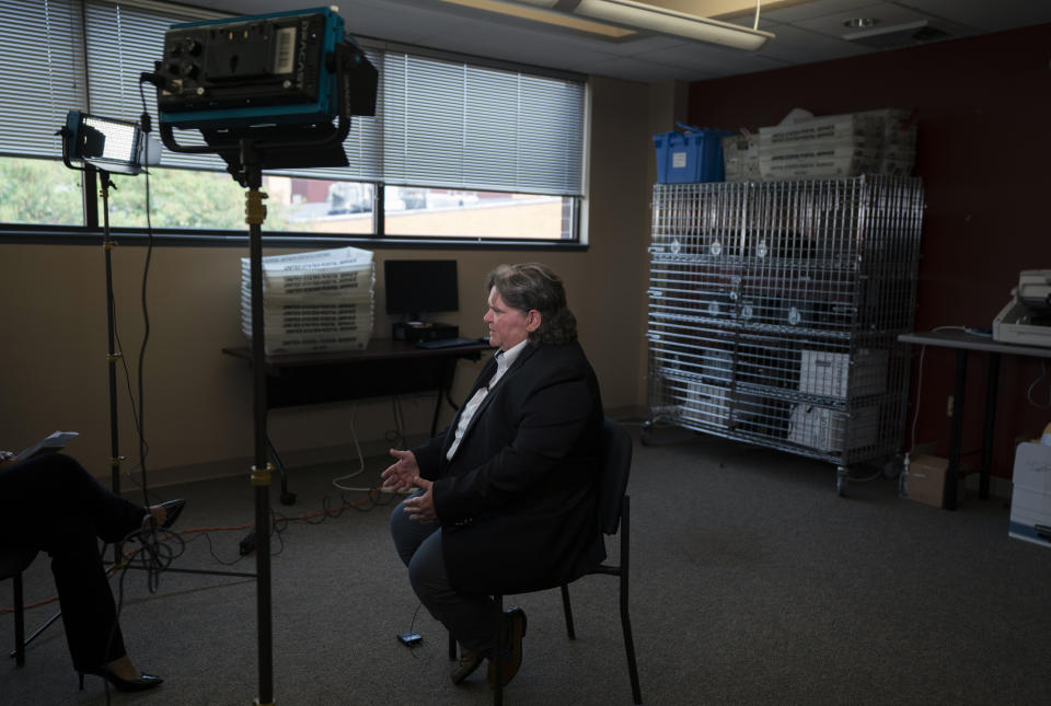 Luzerne County Manager Romilda Crocamo speaks during an AP interview in Wilkes-Barre, Pa., Tuesday, Sept. 12, 2023. (AP Photo/Sait Serkan Gurbuz)