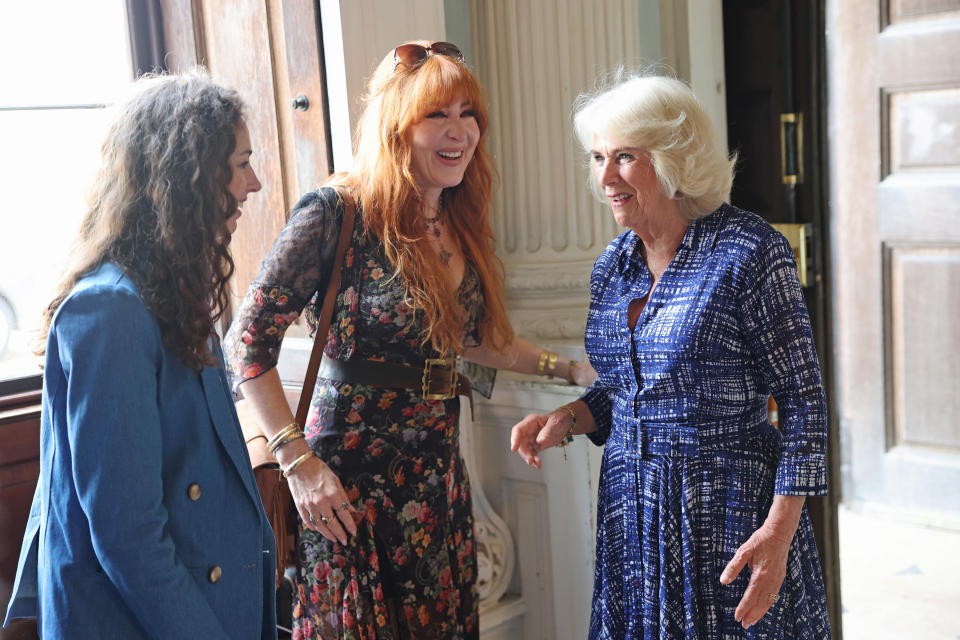 BADMINTON, GLOUCESTERSHIRE - MAY 12: Queen Camilla (R) speaks to Rose Cholmondeley (L) and Charlotte Tilbury (C) as she attends the final day of the Badminton Horse Trials 2024 at Badminton House on May 12, 2024 in Badminton, Gloucestershire. (Photo by Chris Jackson - Pool/Getty Images)