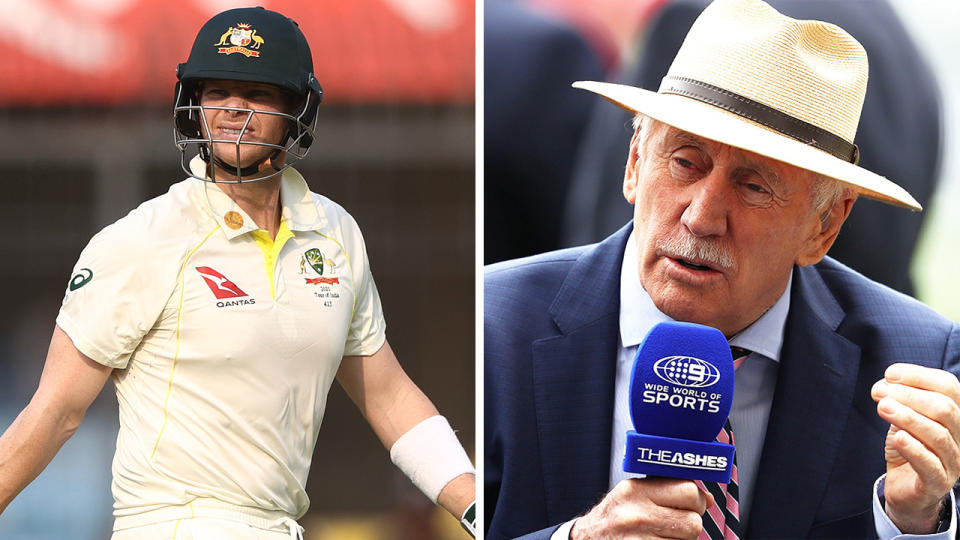 Steve Smith walks off after his dismissal and Ian Chappell during broadcast.