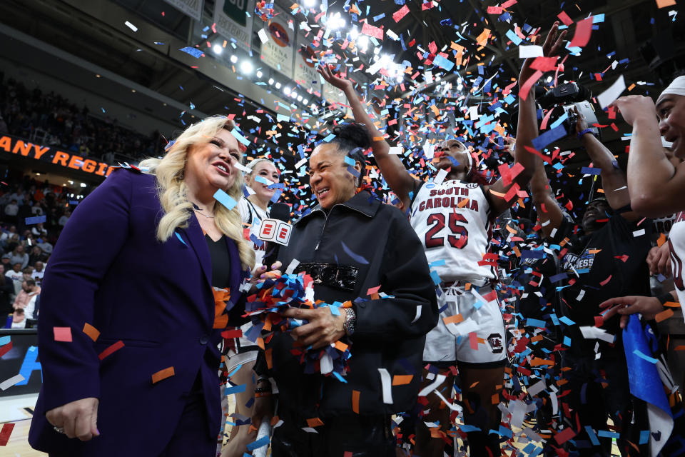 South Carolina coach Dawn Staley is interviewed by Holly Rowe after the Gamecocks defeated the Oregon State Beavers on Sunday. (Scott Taetsch/NCAA Photos via Getty Images)