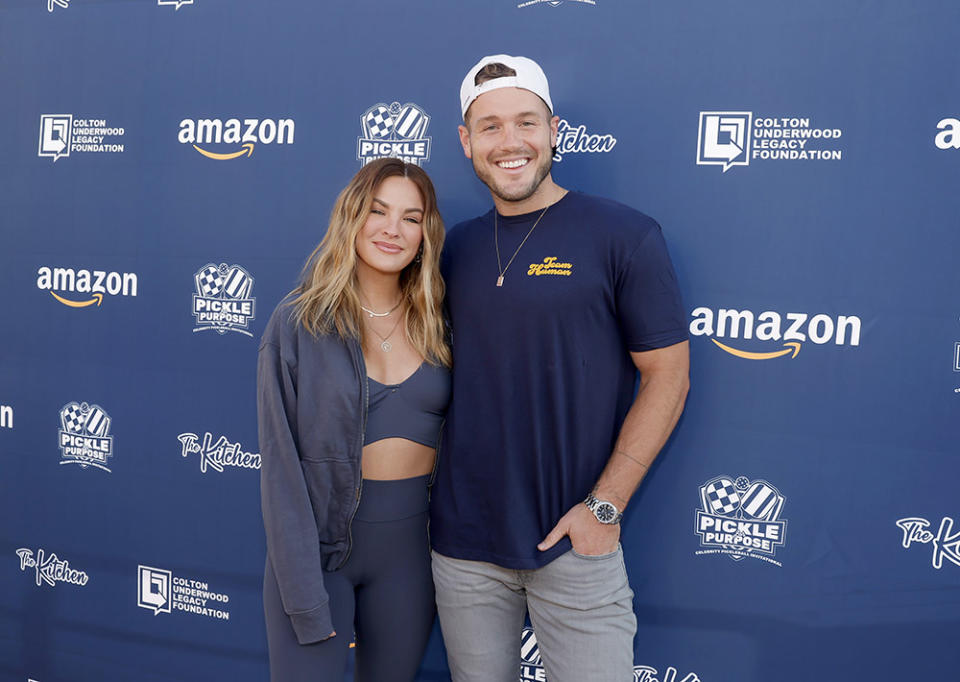 (L-R) Becca Tilley and Colton Underwood attend Pickle! For Purpose Celebrity Pickleball Tournament at Pepperdine University on September 30, 2023 in Malibu, California.