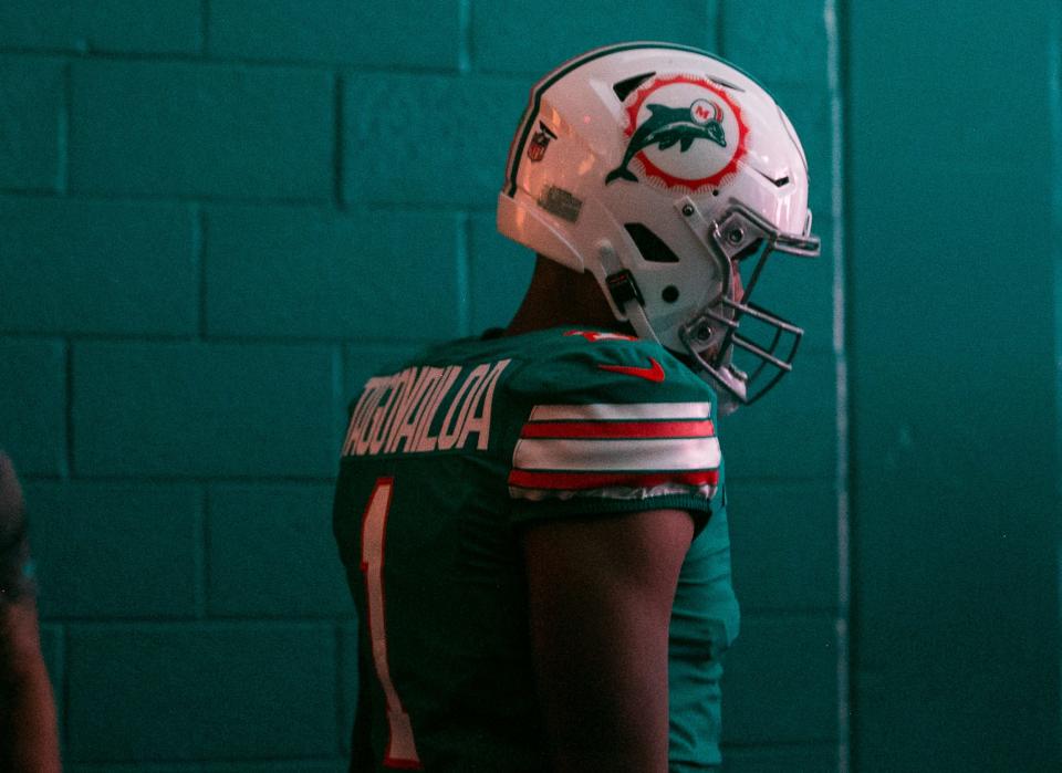 Miami Dolphins quarterback Tua Tagovailoa (1) is seen in the team tunnel prior to the start of the game between the visiting Pittsburgh Steelers and host Miami Dolphins at Hard Rock Stadium on Sunday, October 23, 2022, in Miami Gardens, FL. Final score, Dolphins 16, Steelers, 10. 