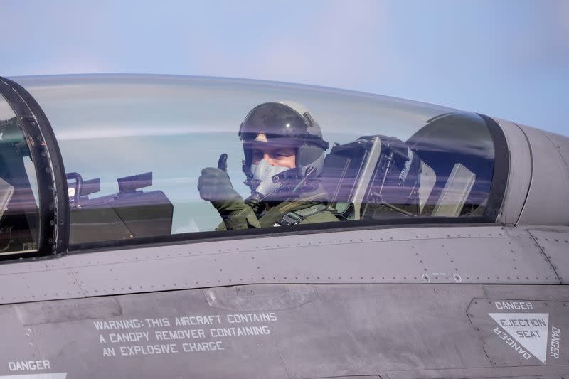 Argentina's Minister of Defence Luis Alfonso Petri arrives in a Danish F-16 aircraft at Skrydstrup Airport where he meets with Denmark's Minister of Defence Troels Lund Poulsen, in Jutland