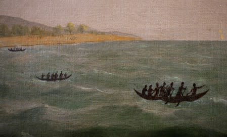A detail from the painting 'A Liverpool Slave Ship' by artist William Jackson from around 1780 depicts a Liverpool slave ship moored off the coast of West Africa, is seen at the International Slavery Museum in Liverpool