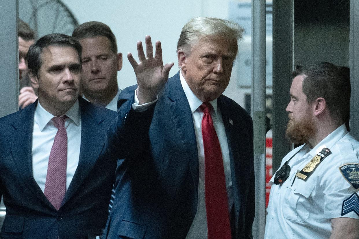 Former President Donald Trump returns to the courtroom after a break during the start of jury selection for his trial at Manhattan Criminal Court on April 15, 2024 in New York City.