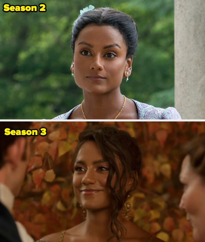 Top: Simone Ashley in a period costume for Season 2. Bottom: Simone Ashley in modern attire for Season 3