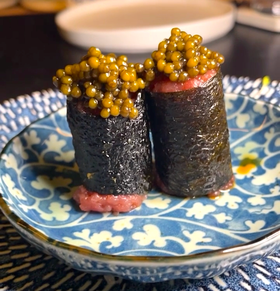 Toro with caviar hand roll at Sushi by Sea.