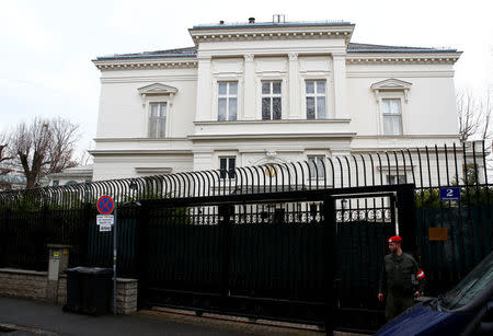 A member of the Austrian armed forces stands in front of the Iranian ambassador's residence in Vienna, Austria March 12, 2018. REUTERS/Leonhard Foeger