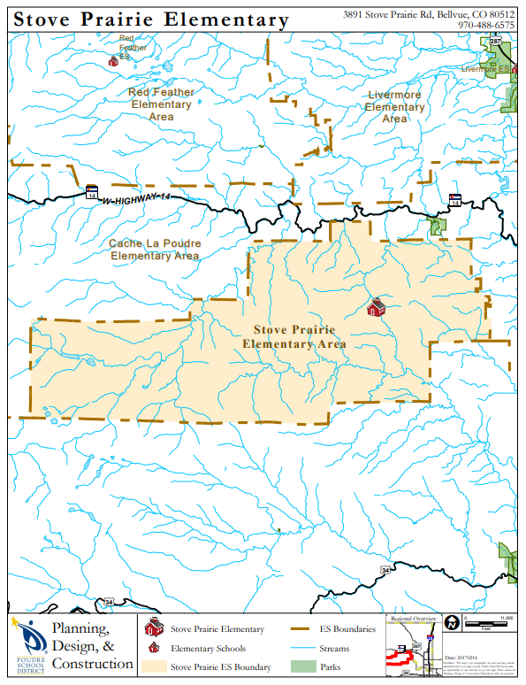 This Poudre School District map displays the boundary served by Stove Prairie Elementary School.