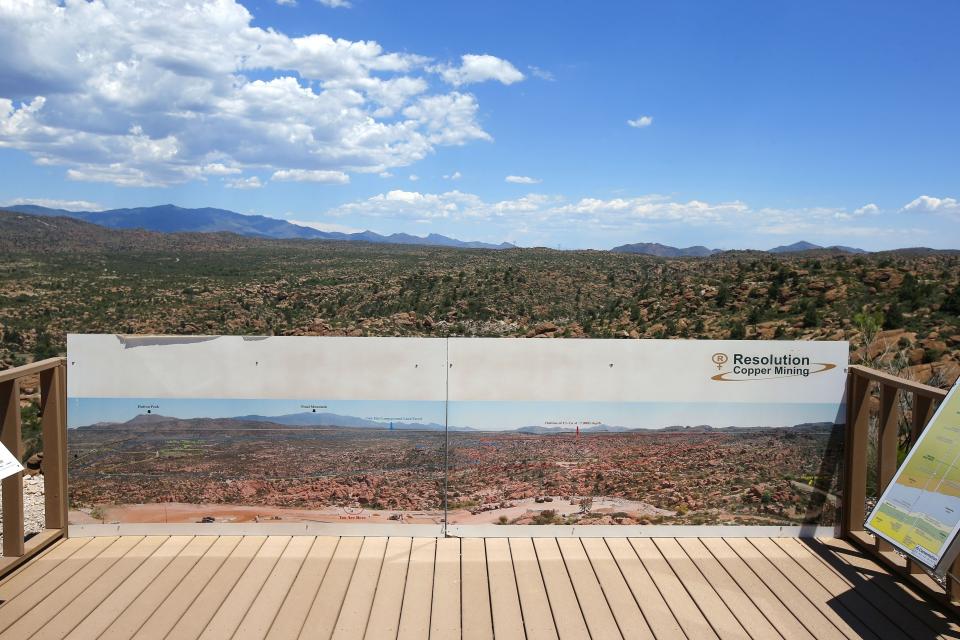 FILE - A sign stands for the Resolution Copper Mining land-swap project on July 22, 2015, in Superior, Ariz. An Apache group battling a foreign mining firm that wants to build one of the largest copper mines in the United States on what tribal members say is sacred land gets a new chance to make its point Tuesday, March 21, 2023, when a full federal appeals court panel takes another look at the case. (AP Photo/Ross D. Franklin, File)