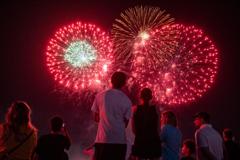 Spectators look on during the fireworks at Thunder Over Louisville on Saturday night. April 23, 2022