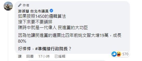 游淑慧驚吐陳時中「準備接行政院長？」（圖／翻攝自游淑慧臉書）