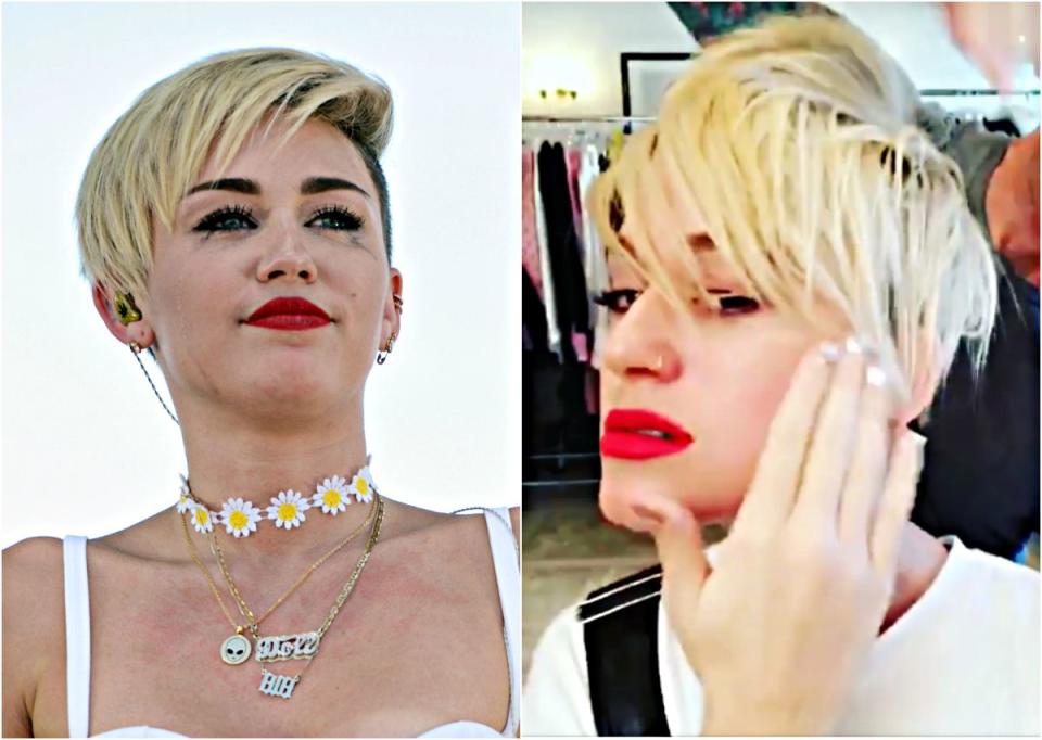 <p>Non, vous ne voyez pas double ; la nouvelle coupe de Katy (à droite) ressemble étrangement à celle de Miley Cyrus vers 2013 (à gauche). L’homme à qui l’on doit la coupe branchée de K. Perry est Chris McMillan, le styliste également à l’origine de la coupe « Rachel » culte depuis les années 90. « J’ai eu envie de faire ça depuis que je t’ai rencontrée », a-t-il confié en jouant avec la nouvelle coupe courte de K. Perry sur une vidéo Instagram. <em>(Photos : Getty/Instagram)</em> </p>