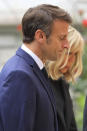 French President Emmanuel Macron and his wife Brigitte Macron arrive for a meeting at the Haute-Savoie prefecture, in Annecy, in the French Alps, Friday, June 9, 2023. A man with a knife stabbed four young children at a lakeside park in the French Alps on Thursday June 8, 2023, assaulting at least one in a stroller repeatedly. Authorities said the children, between 22 months and 3 years old, suffered life-threatening injuries, and two adults were also wounded. (Denis Balibouse/Pool via AP)