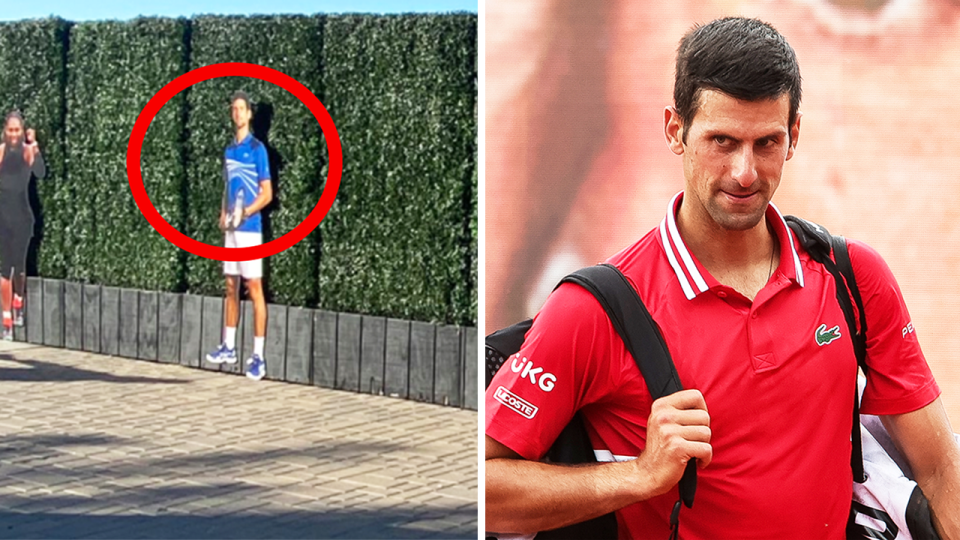 Novak Djokovic (pictured right) during a walkout and (pictured left) a photo of Djokovic at Indian Wells.