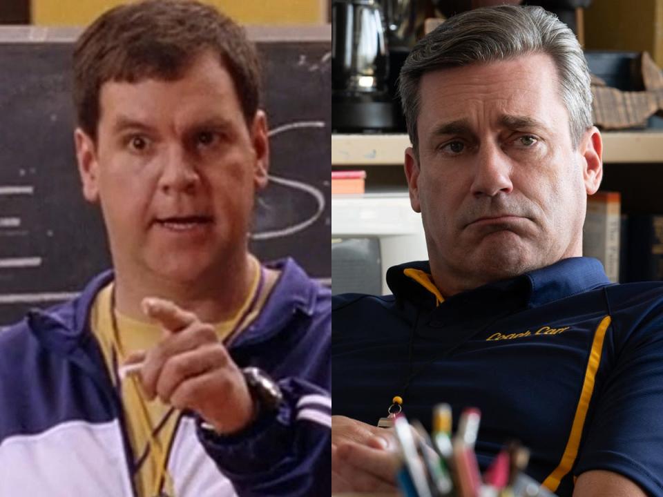 Left: Dwayne Hill as Coach Carr in the 2004 version of "Mean Girls." Right: Jon Hamm as Coach Carr in the 2024 version of "Mean Girls."