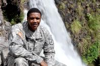 <p>In this June 6, 2015 photo, U.S. Army National Guard Sgt. 1st Class Charleston Hartfield of the 100th Quartermaster Company poses for a photo at Rainbow Falls near Hilo, Hawaii. Hartfield was one of the people killed in Las Vegas after a gunman opened fire on Sunday, Oct. 1, 2017, at a country music festival. (Sgt. Walter Lowell/U.S. Army National Guard via AP) </p>