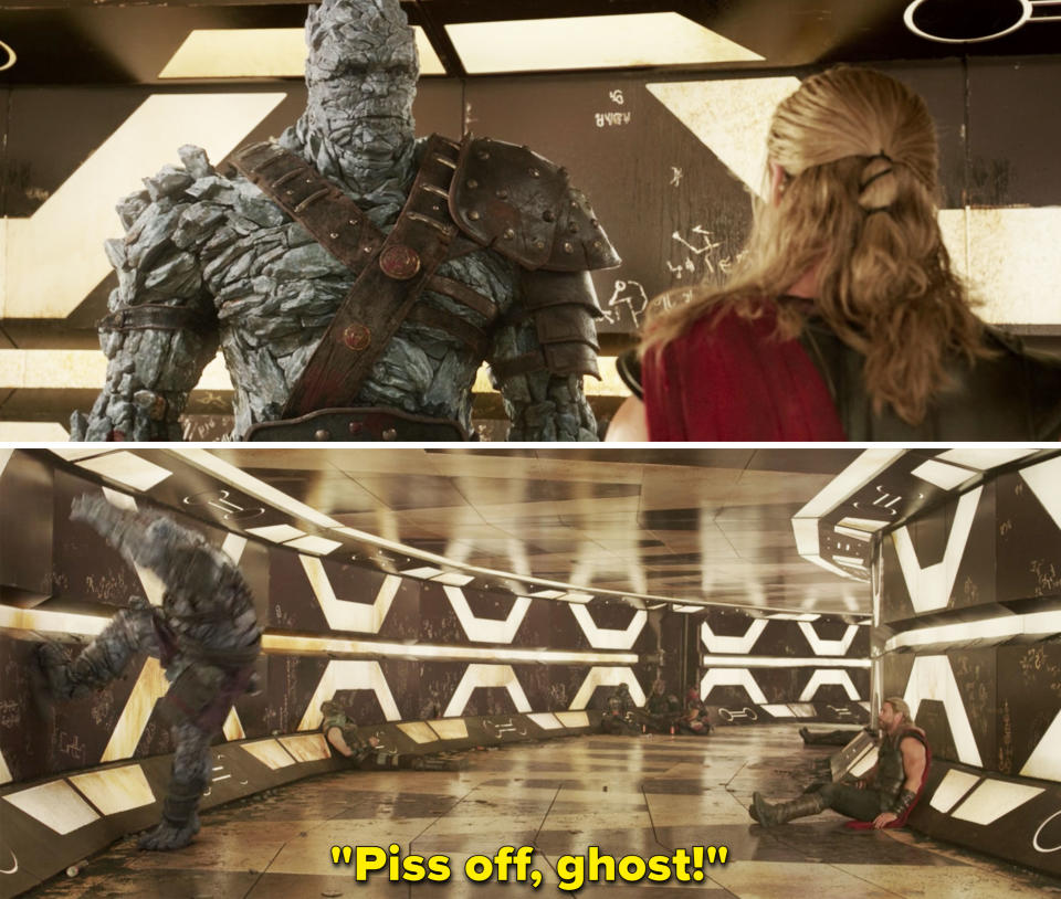 Korg kicking a wall and saying "Piss off, ghost!"