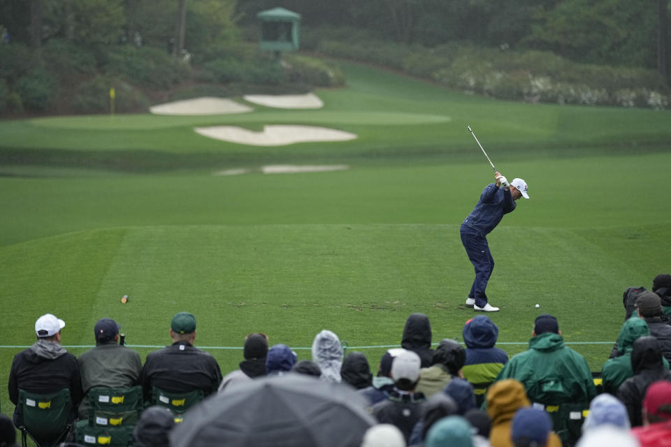 Justin Thomas hits his tee shot on the 12th hole during the weather delayed second round of the Masters golf tournament at Augusta National Golf Club on Saturday, April 8, 2023, in Augusta, Ga. (AP Photo/David J. Phillip)
