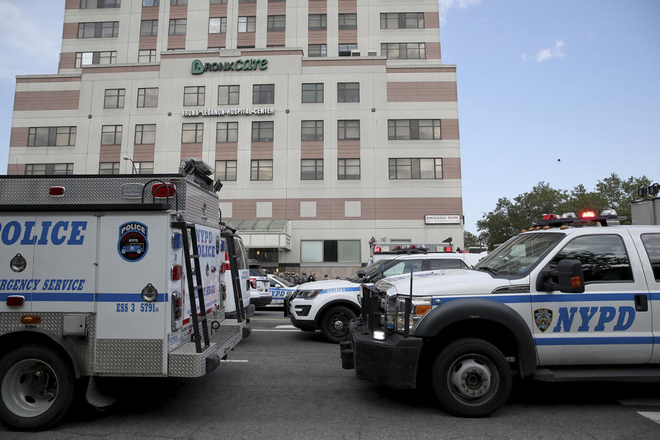 <p>Police vehicles converge on Bronx Lebanon Hospital in New York after a gunman opened fire there on Friday, June 30, 2017. (AP Photo/Mary Altaffer) </p>