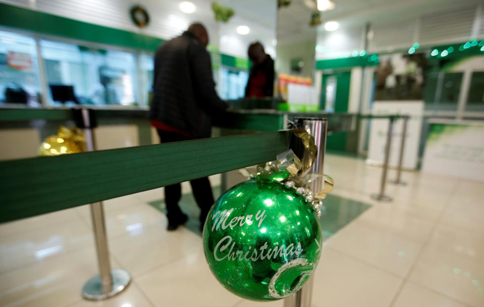 Christmas decoration is seen inside a banking hall