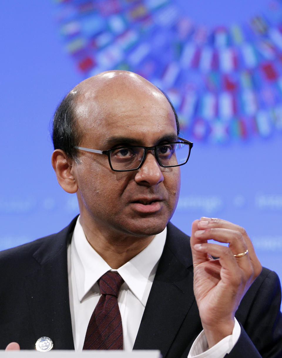 Singapore Finance Minister Tharman Shanmugaratnam speaks during a news conference in the International Monetary Fund Spring Meetings at the IMF headquarters in Washington on Saturday, April, 21, 2012. (AP Photo/Jose Luis Magana)