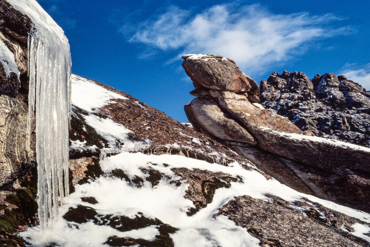 Snow and icicles on the rocks at the City of Rocks National Reserve in Idaho.