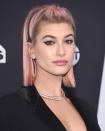 <p>The model worked a super blunt pastel pink bob on the red carpet.</p>