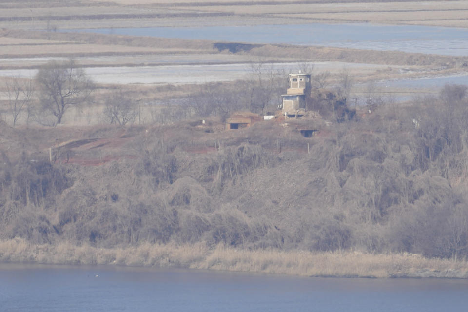 North Korea's military guard post is seen from the unification observatory in Paju, South Korea, Tuesday, Jan. 16, 2024. North Korean leader Kim Jong Un said his country would no longer pursue reconciliation with South Korea and called for rewriting the North’s constitution to eliminate the idea of shared statehood between the war-divided countries, state media said Tuesday. (AP Photo/Lee Jin-man)