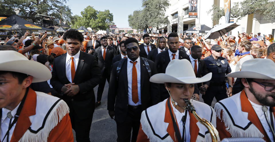 Texas Longhorns football players take part in "The Stampede" before the game with the LSU Tigers Saturday Sept. 7, 2019 at Darrell K Royal-Texas Memorial Stadium in Austin, Tx. ( Photo by Edward A. Ornelas )