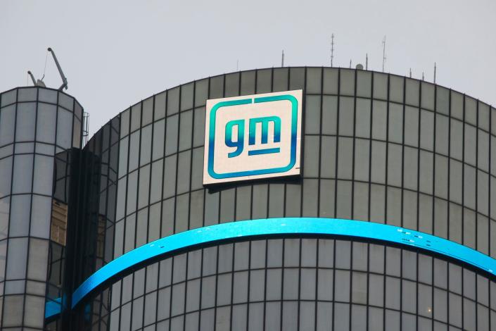 GM changed its sign on the Renaissance Center in Detroit Monday, Jan. 11, 2021.