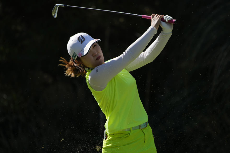 Ayaka Furue hits off the eighth tee during the final round of the LPGA Bank of Hope Match Play golf tournament Sunday, May 28, 2023, in North Las Vegas, Nev. (AP Photo/John Locher)