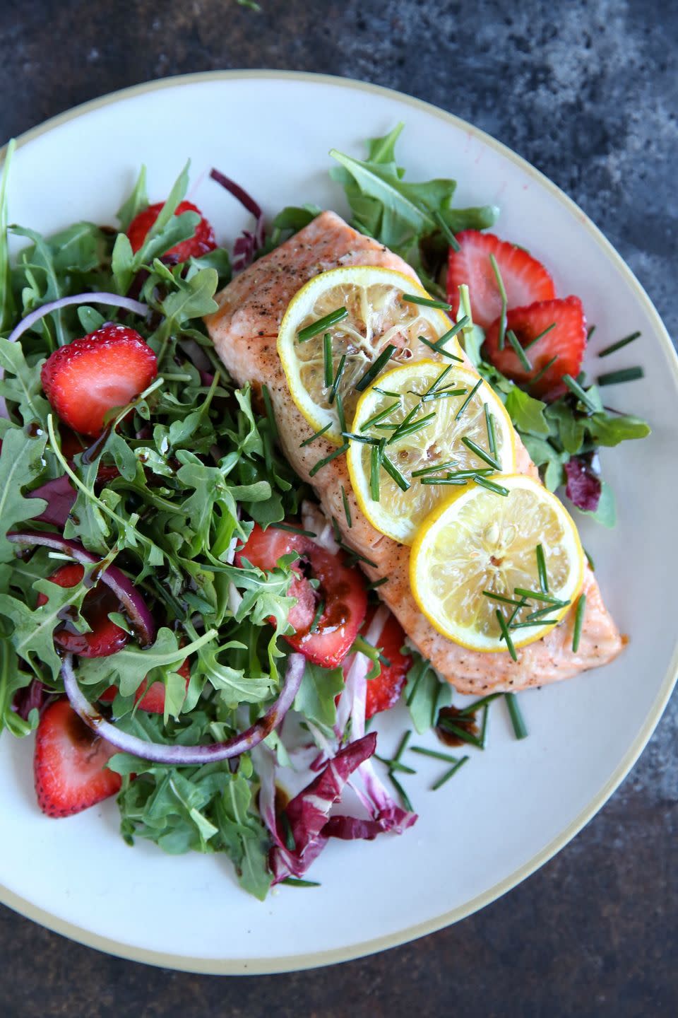 Roasted Salmon with Strawberry-Arugula Salad