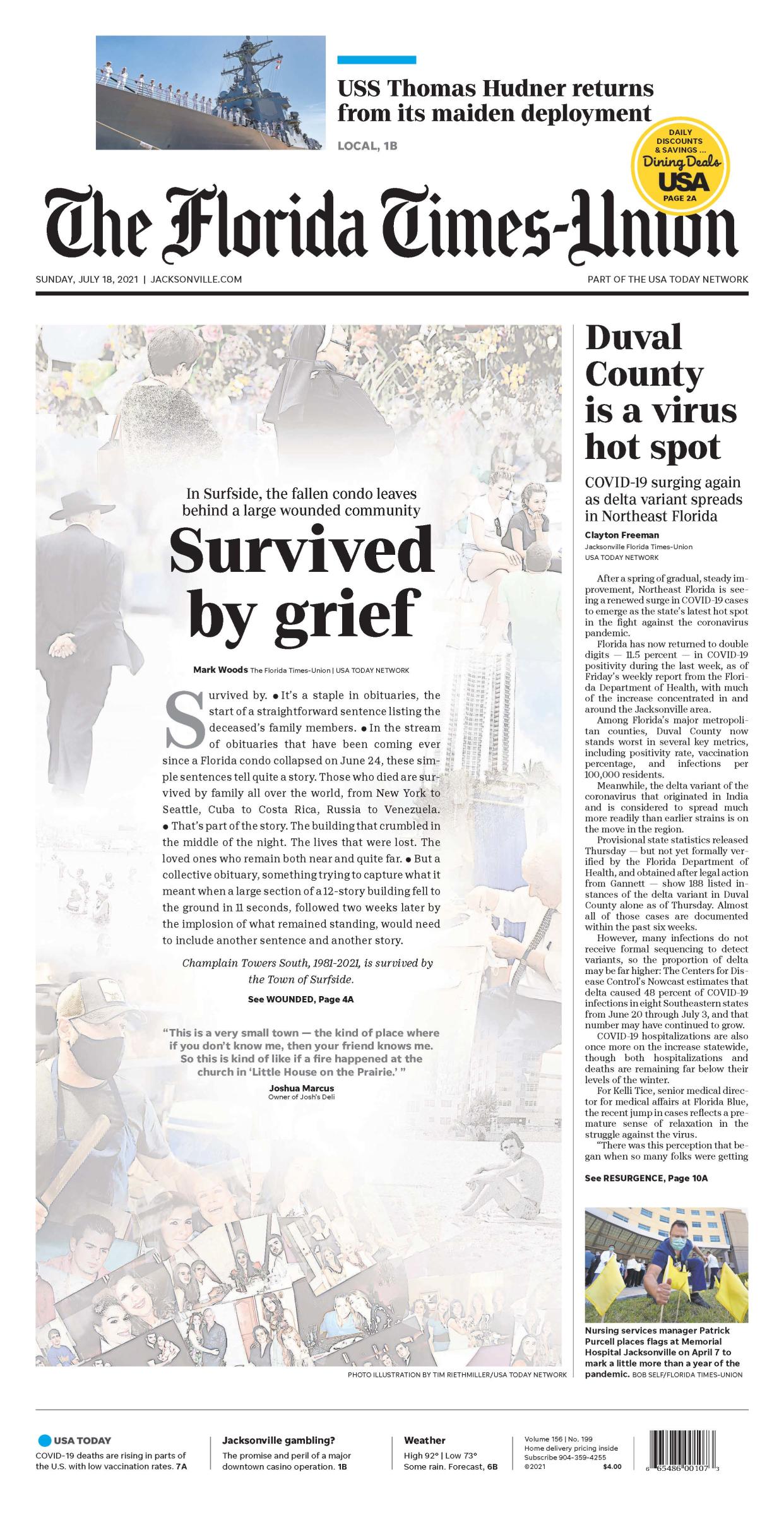 The front page of the July 18, 2021, edition of the Florida Times-Union, featuring Mark Woods' award-winning story on the Surfside community's collective grief in the wake of the deadly Champlain Towers condo collapse.