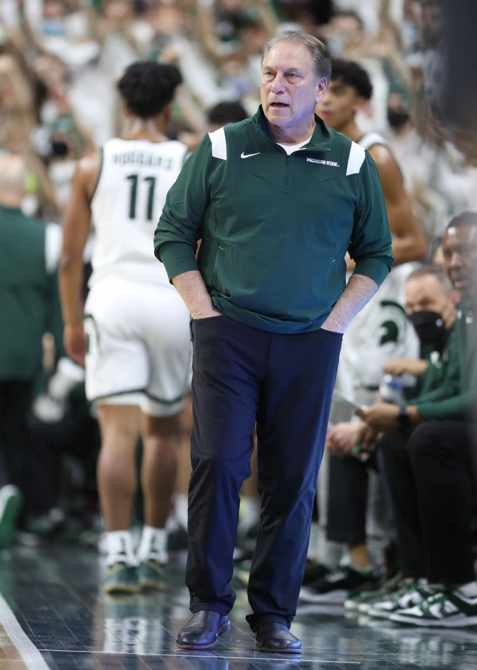 Michigan State coach Tom Izzo on the bench during MSU's 70-62 loss on Tuesday, Feb. 8, 2022, at the Breslin Center.