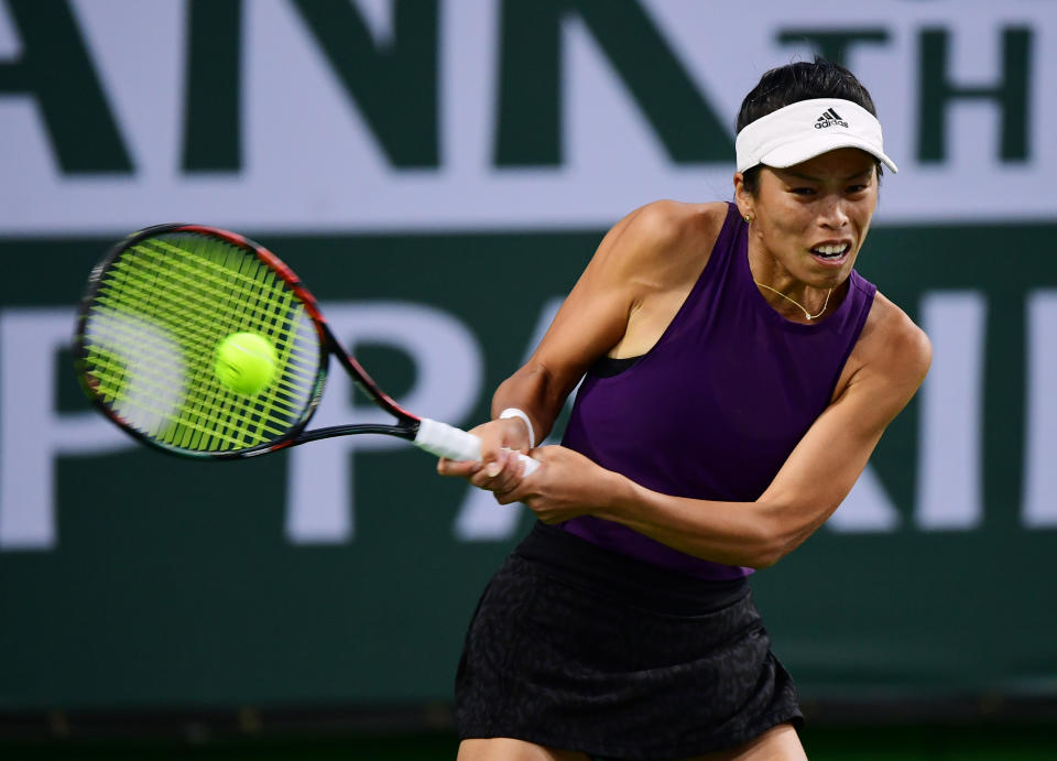 INDIAN WELLS, CA - OCTOBER 12: Su-Wei Hsieh of Taiwan returns a serve during a doubles tennis match played at the BNP Paribas Open on October 12, 2021 at the Indian Wells Tennis Garden in Indian Wells, CA. (Photo by John Cordes/Icon Sportswire via Getty Images)