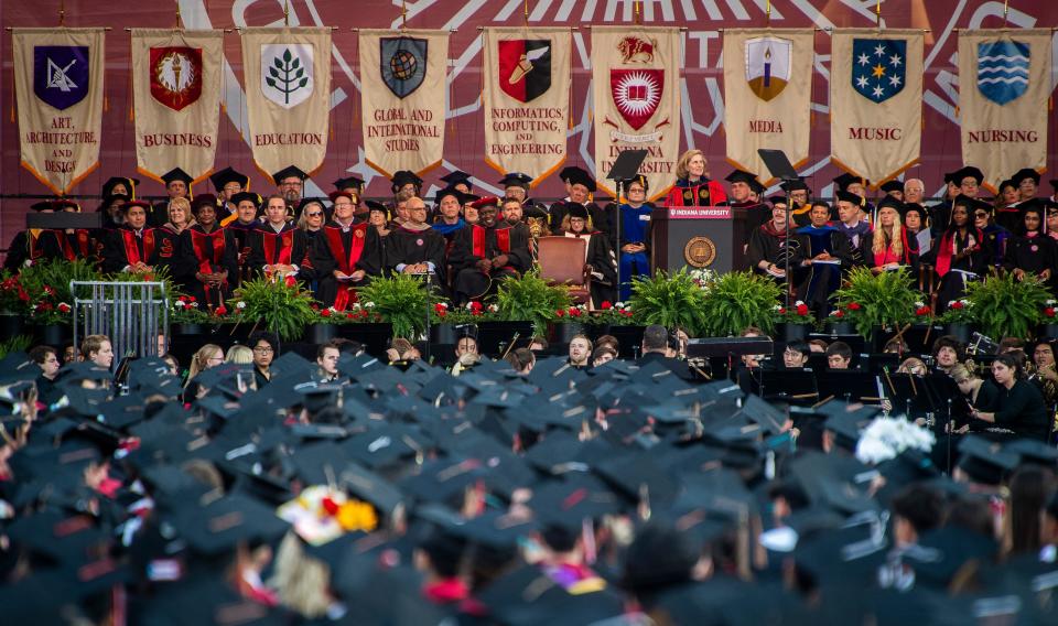Indiana University President Pamela Whitten addresses the students during Indiana University's 195th undergraduate commencement proceedings at Memorial Stadium on Saturday, May 4, 2024.