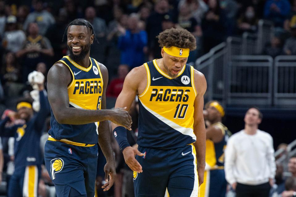 Mar 20, 2022; Indianapolis, Indiana, USA;  Indiana Pacers forward Justin Anderson (10) reacts to a pass by guard Lance Stephenson (6) in the first half against the Portland Trail Blazers at Gainbridge Fieldhouse. Mandatory Credit: Trevor Ruszkowski-USA TODAY Sports