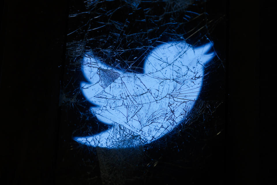 Twitter logo displayed on a phone screen is seen through the broken glass in this illustration photo taken in Krakow, Poland on November 5, 2022. (Photo by Jakub Porzycki/NurPhoto)
